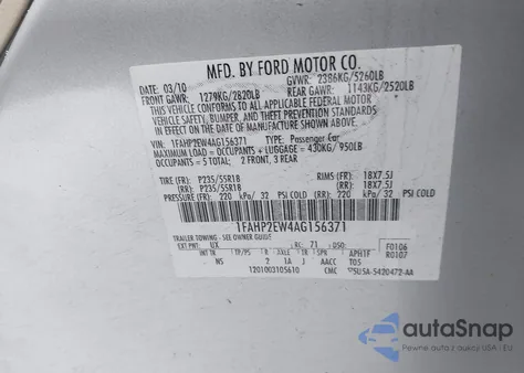 2010 Ford Taurus Sel из США, поврежденный, VIN 1FAHP2EW4AG156371